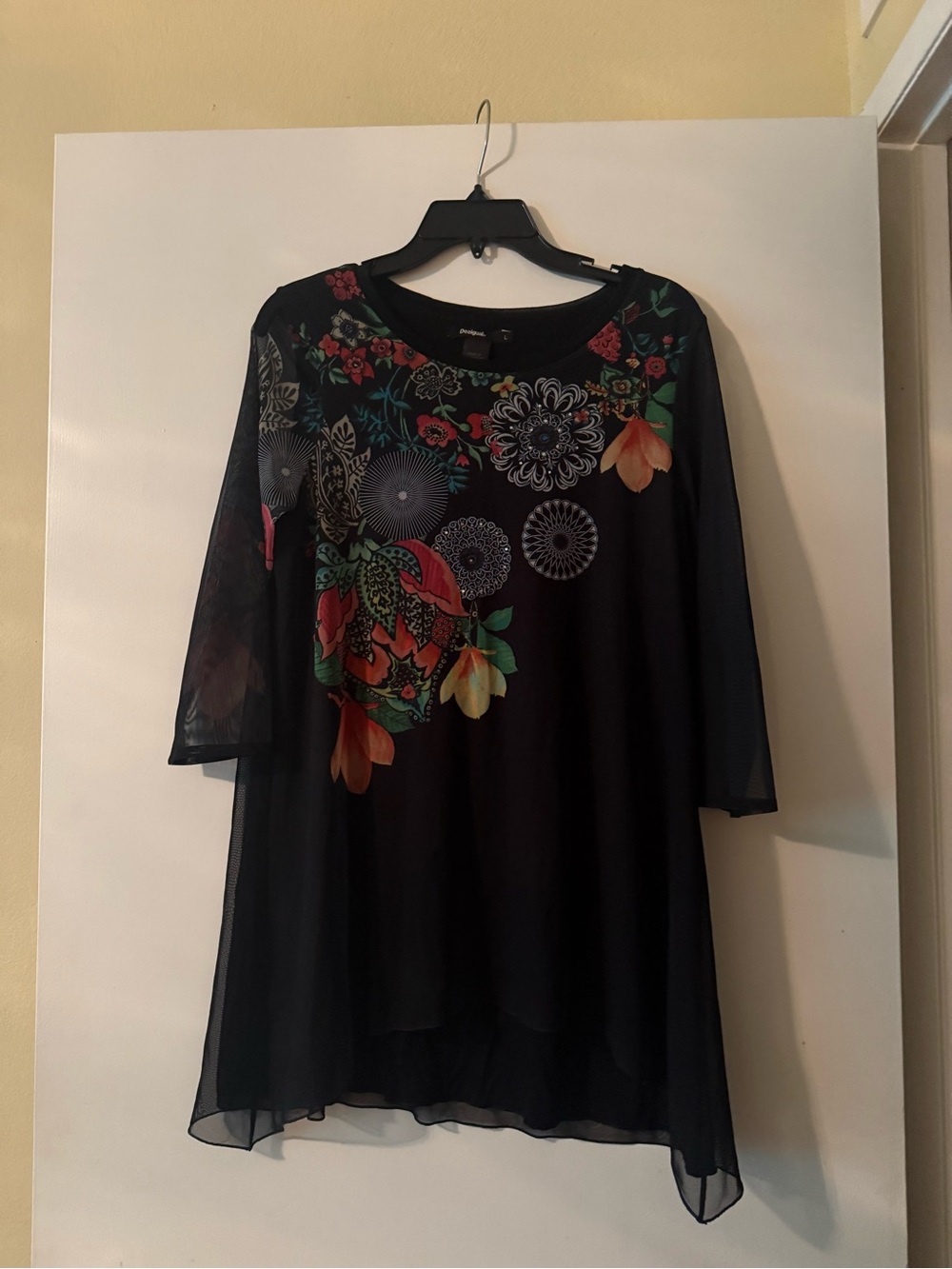 Desigual Black Floral Mesh Tunic with Colorful Print